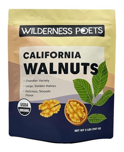 Wilderness Poets California Walnuts - Organic, Raw, Chandler Heirloom Variety - Golden, Blonde Halves, Bulk Size (32 Ounce - 2 Pound)