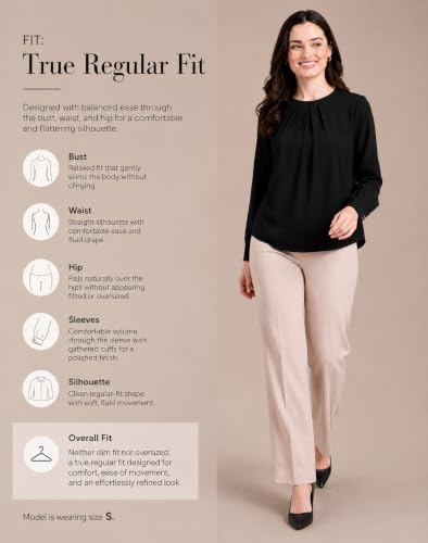 Image of Mirana Women's Full Sleeve Solid Top | Round Neck Pleated Front Regular Fit Office Casual Blouse with Button Cuffs