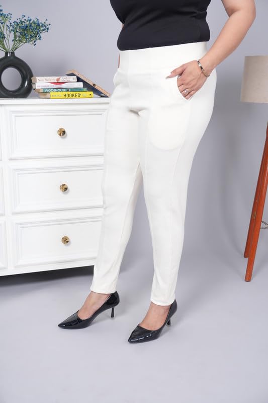 Image of Mlada Women's Solid Cotton Lycra High Waist Ankle Length Tummy Tucker Jeggings Trouser with 2 Side Pockets | Office Wear Summer Pants | Regular Fit, Stretchable, Comfortable & Stylish Everyday Bottoms