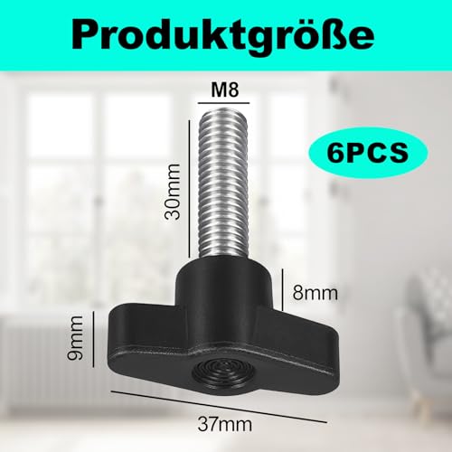 6 Stück Flügelschraube M8 x 30 mm aus Edelstahl – T-Griff Rändelschraube mit Kunststoffknauf – M8 Gewindeschraube mit Feingewinde 1,25 mm – rostfrei & griffig – für Werkbank, Möbel, Maschinenbau, DIY