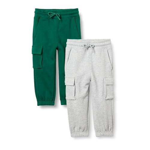 Amazon Essentials Pantaloni da Jogging Cargo da Bambino, Confezione da 2, Grigio Chiaro/Verde Scuro, 4T