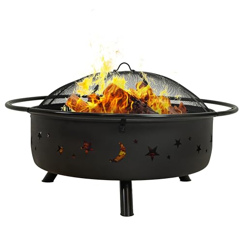 Image of Sunnydaze Cosmic 42-Inch Large Outdoor Fire Pit - Wood-Burning Firepit for Outside Patio, Backyard, Deck - Steel - Wood Grate, Spark Screen, and Fireplace Poker Included - Black - 34 inch Bowl Diameter