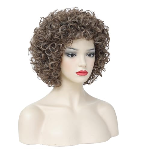 Image of Women's Short Afro Wig, 70s Disco Fluffy Synthetic Wig, Small Curly Afro Wig for Halloween, Cosplay and 80s Theme Party.(Light Brown)
