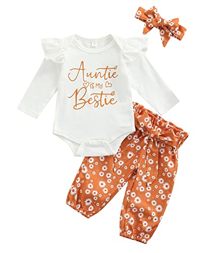 Image of MAINESAKA Newborn Baby Girls 3pcs Outfit Set Auntie's Bestie Romper + Floral Pants Clothing Set