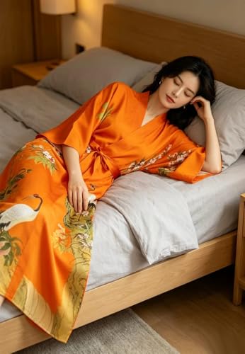 Image of Women's Classic 100% Silk Kimono Robe, Bathrobe-Printed Pattern