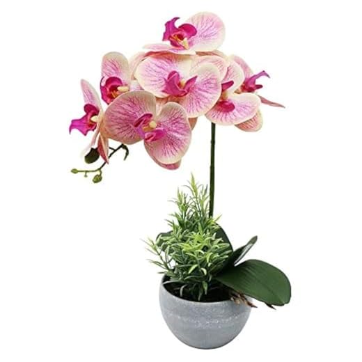 Olrla Artificial Orchid Flower in Grey Pot, Faux Pink Orchid Real Touch Fake Phalaenopsis Bonsai for Office Home Wedding Party Indoor Decor (Pink 1)