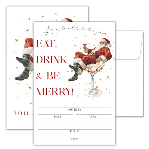 Rdtcgvss 4' X 6' Christmas Party Invitation - Eat, Drink, And Be Merry! - With 20 Envelopes & 25 Invitation Cards, Winter Holiday Party Supplies, Invite Your Friends To Your Christmas Dinner. - A04