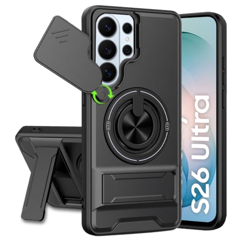 Image of Samsung Galaxy S26 Ultra 5G Back Cover | Armor Camera Slider 360 Degree Rotating Finger Ring Holder Case with Bracket Stand Back Case Cover (Compatible with MagSafe Accessories) (Black)