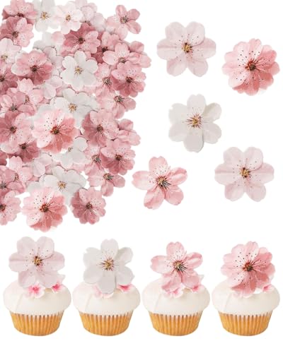 FUGLUS 50 PCS Decoración Comestible para Tartas de Flores,Flores de Cerezo Papel de Oblea para Decorar Pasteles con Caja,Decoración de Cupcakes para Bodas,Cumpleaños,Bautizos,Fiestas,Navidad