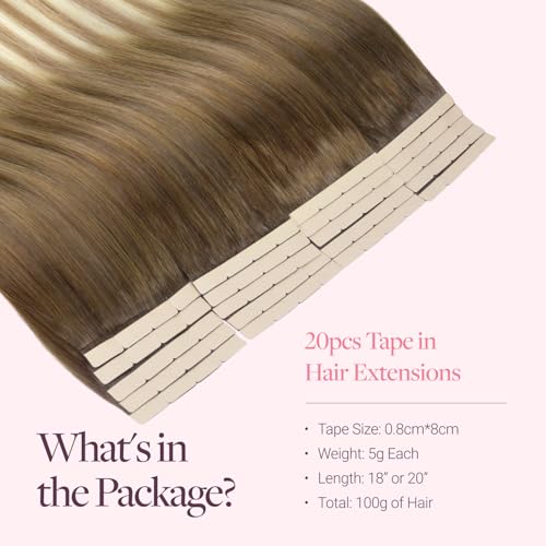 Image of GOO GOO Tape In Weft Hair Extensions Human Hair, 3 /8 /613 Walnut Brown to Ash Brown and Bleach Blonde, 8cm Wide Tape, 22inch 20pcs 100g, Tape Weft Hair Extensions, Seamless Tape in