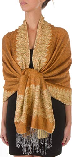 Dark Gold Elegant Reversible Paisley Border Pattern Pashmina Shawl Wrap Scarf Double Layer #WSAS