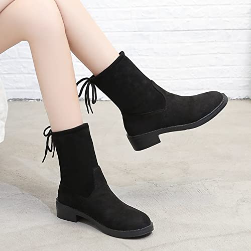 Women Snow Boots Autumn And Winter Fashion Comfortable Bow Lace Up Decorative Solid Color Slip On Hiking Boot (Black, 9) #TOP2