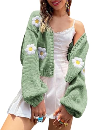 Arssm Y2K Womens Flower Cardigan Sweater Long Sleeve Knit Cropped Cardigan Open Front Cute Shrug Fall Sweater 90s Outfits