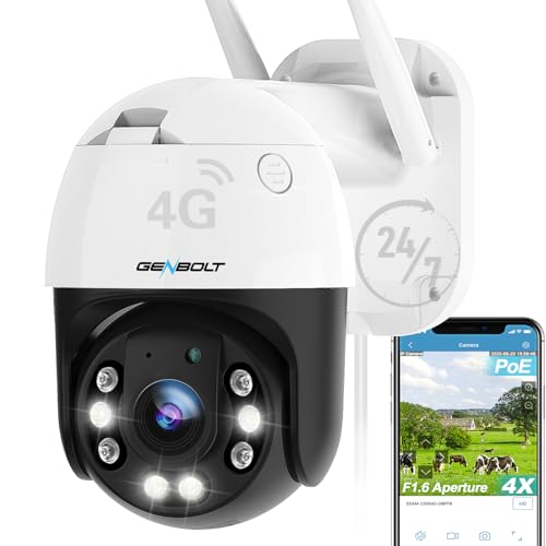 GENBOLT 3G/4G LTE Caméra Surveillance Extérieure Carte Sim, 24/7 Enregistrement Camera sans WiFi à Brancher Fillare PoE Vidéosurveillance Cellulaire, Détection...