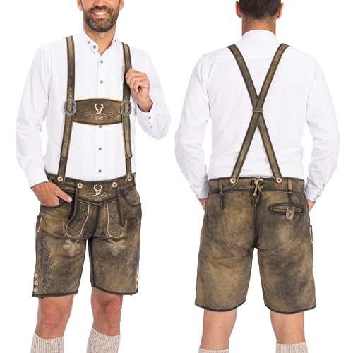 BAVARIA TRACHTEN Lederhosen Men Oktoberfest Costume - Genuine Leather, German Mens Lederhosen - Antique Waxed Brown