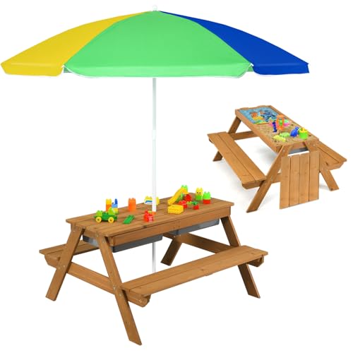 COSTWAY 3 en 1 Table de Pique-Nique Enfants avec Parasol Amovible, Table de Jardin avec Plateau Amovible, 2 Boîtes pour Sable & Eau, Extérieur Intérieur...
