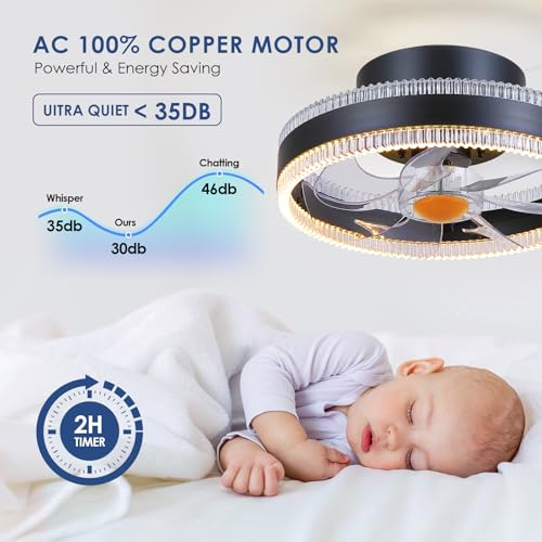 Image of Mpayel Flush Mount Ceiling Fans with Lights - RGB Low Profile Ceiling Fan,13 inch Small Dimmable LED Bladeless Ceiling Fans, Modern Enclosed LED-RGB Ambient Light for Bedroom, Kids Room, Party