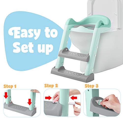 Potty Training Seat with Adjustable Ladder, Kid’s Ladder Toilet PU Seat with Non-Slip Step Stool Ladder, Potty Training Ladder, Potty Chair, Green - Thumbnail 4