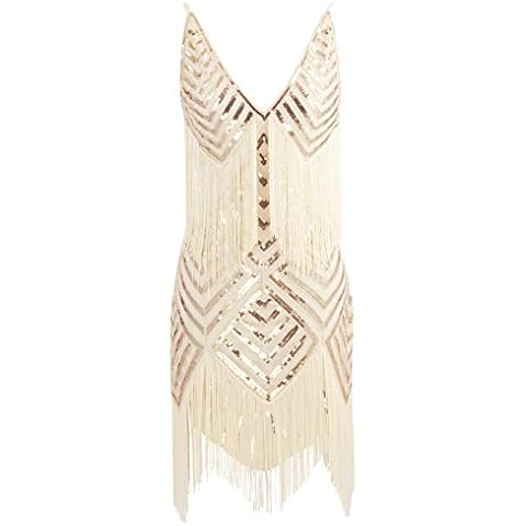MISSCHEN Women's Deep V Neck Slip Mini Short Dress 1920s Flapper Dress Gatsby Dress - Beige - (16 UK/18 UK) Large Cover