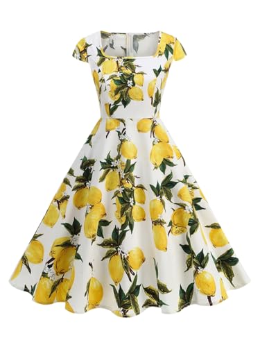 Vsadsau Damenkleid, quadratischer Ausschnitt, Flügelärmel, hohe Taille, Blumendruck, A-Linie, Rockabilly-Kleid, Zitrone in Weiß, M