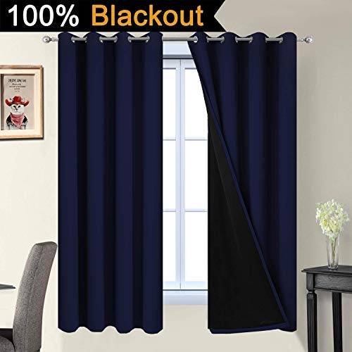 Image of Yakamok Navy Blue 100% Blackout Curtains 63 Inches Long 52 inch Wide, 2 Panels | Blackout Curtain Panels for Bedroom, 2 Thick Layers Grommet Top Thermal Insulated Drapes with Black Liner for Living Room