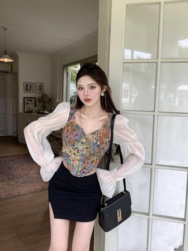 Image of ICW Women French Style Retro Vintage Lace-Up Floral Jacquard Square Neck Smock Puff Sleeve Ruffled Crop Blouse Corset Top Dn29