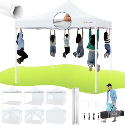 Image of HOTEEL Canopy Tent 10x10 Heavy Duty Pop Up Canopy with Sidewalls, Commercial Instant Waterproof Tent for Vender Patio, UV 50+ with Silver Coated, Upgraded Thickened Hexagonal Legs, White