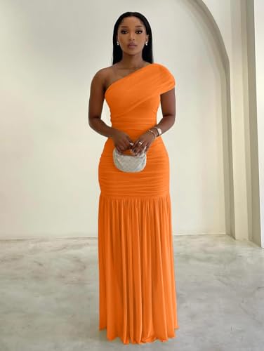 Image of LAGSHIAN Women's Elegant Formal Long Dress One Shoulder Sleeveless Ruched Bodycon Evening Dress