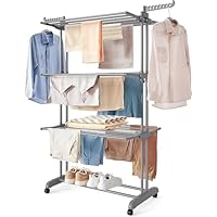Airer Clothes Drying Rack, 4-Tier Foldable Clothes Hanger, Adjustable Large Stainless Steel Garment Laundry Rack with Wheels and Wing, Heavy Duty Airer Dryer Racks with Casters for Outdoor Indoor