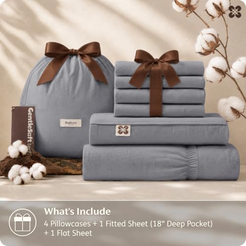 Image of Bedsure PureWoven 100% Washed Cotton Sheets Queen, Linen-Like Feel, 6PCS