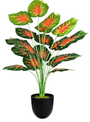 Image of Artificial Plant Tall Realistic Faux Green Plant for Indoor Outdoor Home Office Balcony Decor | No Maintenance (Red Monstera 26Inch | Black Pot)