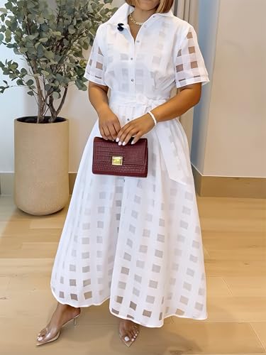 CHICME Elegant Turn Down Collar Plaid Mesh Double Layered Cinched Waist 2025 A Line Shirt Maxi Dress4