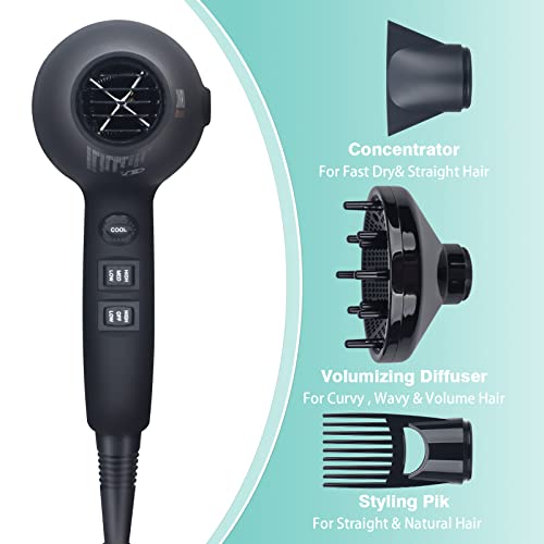 Professional Tourmaline Hair Dryer with Negative Ionic Technology and Attachments, Lightweight and Low Noise - 1875w