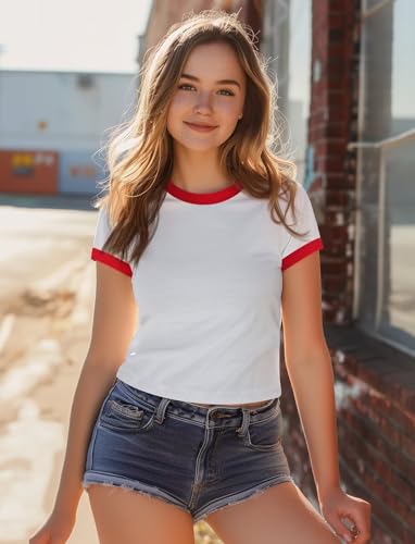 Zengjo Ringer Tee Women Crewneck Short Sleeve Plain Retro T-Shirt Crop Top2