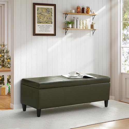 Image of Storage Ottoman Bench 50.3 inch Faux Leather Upholstered End of Bed Bench,Green