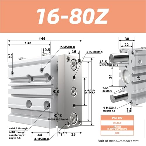 Vérin pneumatique compact MGPM16-80Z guidage à trois axes - 3