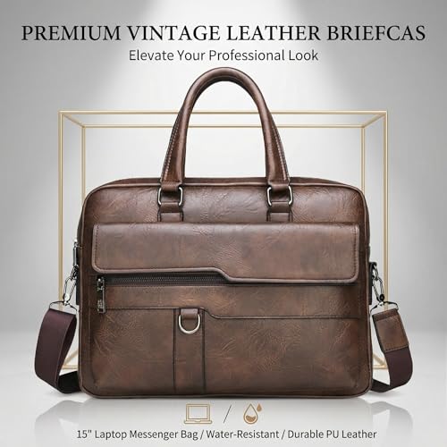 Image of Men's Leather Laptop Bag 15 IN, Water-Resistant Briefcase Messenger Bag for Work, Business, Shoulder Crossbody Office Satchel