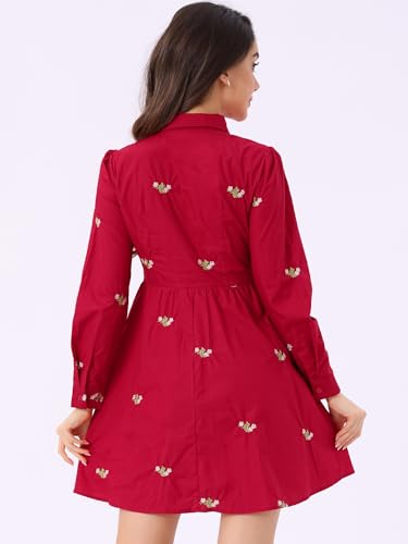 Image of Allegra K Women's Shirt Dress A Line Embroidered Floral Mini Dresses | Casual, Collar, Long Sleeve, Button Down, Half Placket, Invisible Zipper, Knee Length