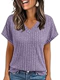 AUTOMET Womens Spring Tops 2026 Summer Dressy Casual Blouses Short Sleeve Cute V Neck Sweater Shirts Fashion Vacation Clothes Purple M
