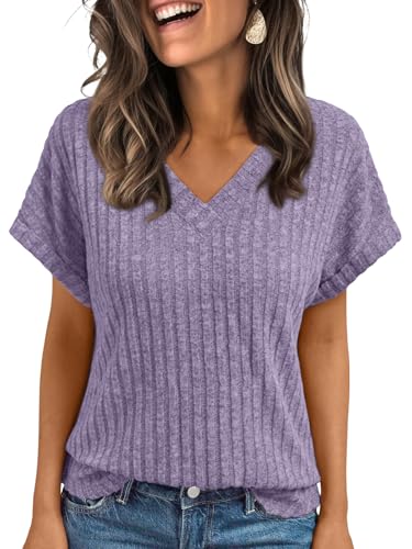 AUTOMET Womens Spring Tops 2026 Summer Dressy Casual Blouses Short Sleeve Cute V Neck Sweater Shirts Fashion Vacation Clothes Purple M