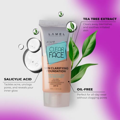 Image of Lamel- Oh my Clear Face Foundation 406- Sand | Contains tea tree extract and salicylic acid |Controls sebum production |Anti-blemish formula |SPF 15 |Oil-free foundation | 40ml