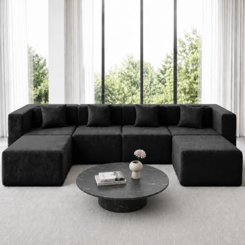 Image of MONVANE 130 inch U-Shaped 6 Seat Modular Sectional Cloud Couch, Jet Black | Sectional Couches for Living Room, High Supportive Backrests, Movable Ottomans, Deep Seat, No Assembly Required
