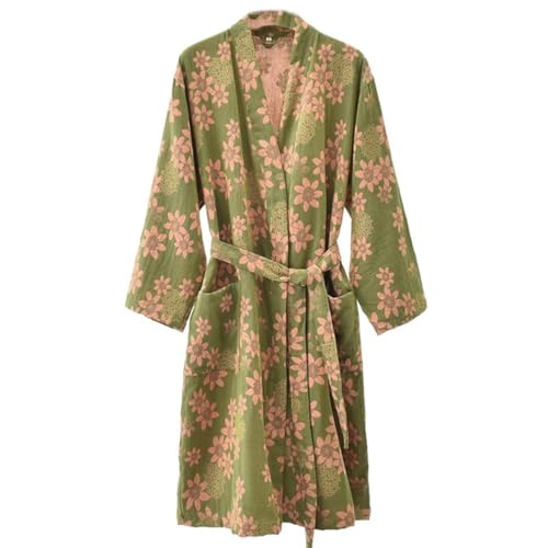 Preisvergleich Produktbild CRETUAO Damen Bademantel aus Baumwollgaze, japanischer Kimono-Bademantel, modischer Jacquard-Pyjama, Nachthemd, schweißdämpfender Yukata-Saunaanzug, Nachtwäsche,Grün,L