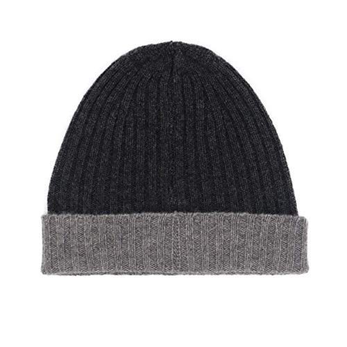 State Cashmere Unisex Contrast Brim Knitted Beanie 100% Cashmere Fold-Over Cuff Fisher Man Wide Rib...