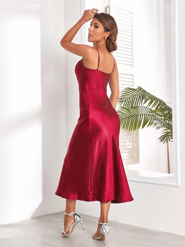Image of Women's Spaghetti Strap Midi Satin Silk Dresses Slip Cowl Neck Party Cocktail Evening Sexy Dress