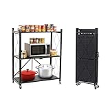 3 Tier Foldable Storage Shelf with Wheels, Heavy Duty Collapsible Metal Shelf Rack Folding Bookshelf, No Assembly Rolling Cart for Kitchen, Pantry, Closet, Office, Bathroom, Garage Organizer, Black