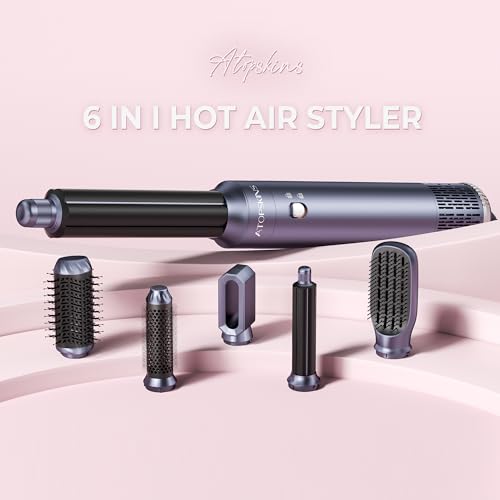 Image of 6 in 1 Blow Dryer Brush Set, 1000W Hot Air Brush with 2 Auto-Wrap Curlers, Negative Ion Hair Styler for Drying, Straightening & Volumizing, Anti-Frizz Styling Tool