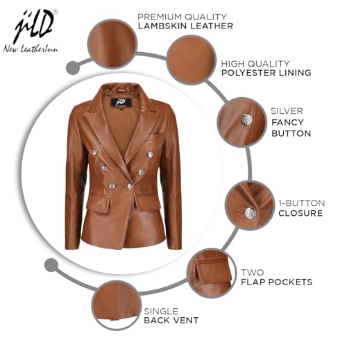Jild Double Breasted Fancy Buttons Lambskin Leather Blazer Women - Kim Kardashian Long Sleeve Coat Style Leather Jacket Women4
