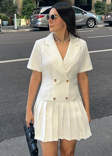 Nihsatin Women's Double Breasted Blazer Jacket Lapel Collar Short Sleeve Pleated Hem Blazer Dress3