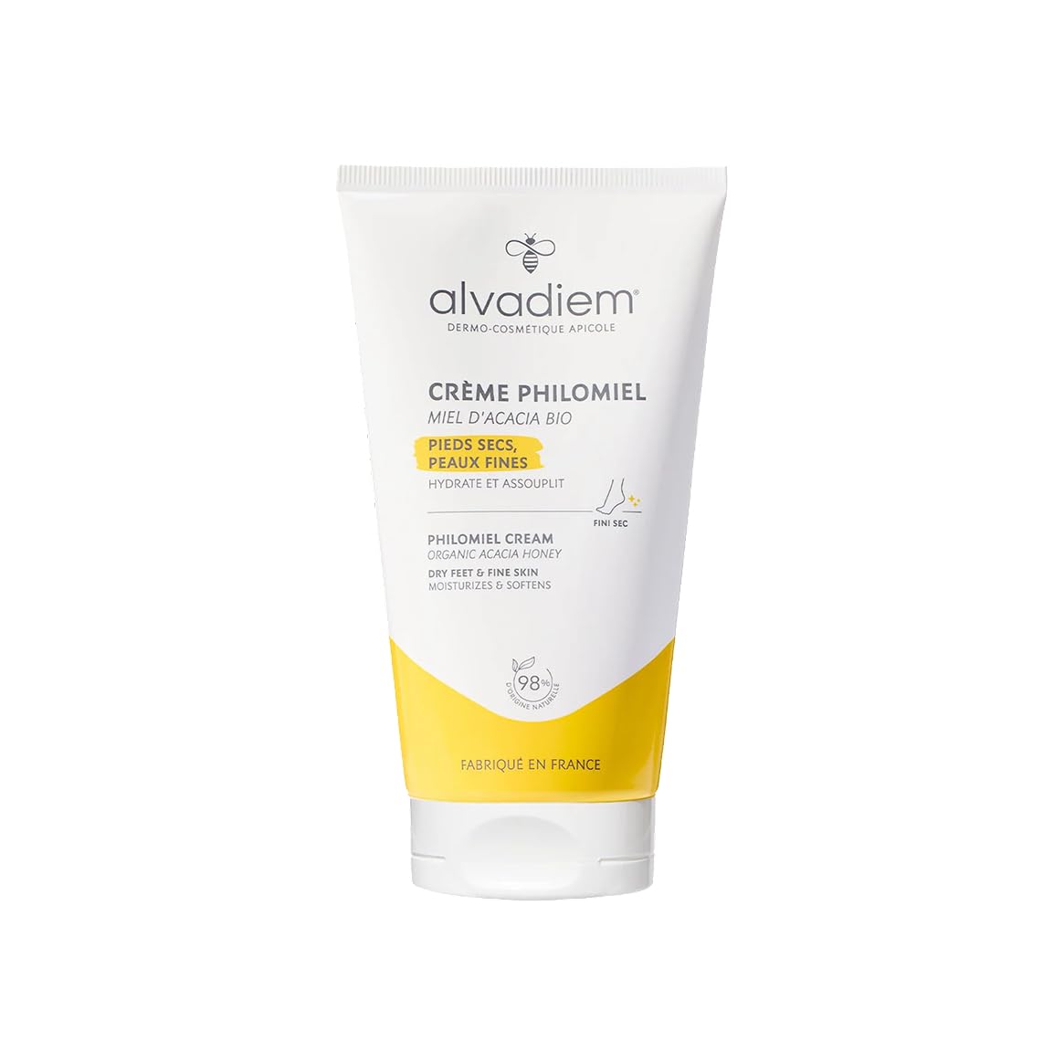 Alvadiem | Crème Philomiel Pieds Secs Talons Rugueux | Hydrate, Adoucit et Répare Callosités | Miel d'Acacia Bio, Gelée Royale, Karité | Recommandée par les Podologues, Fabriqué en France | 150 ml